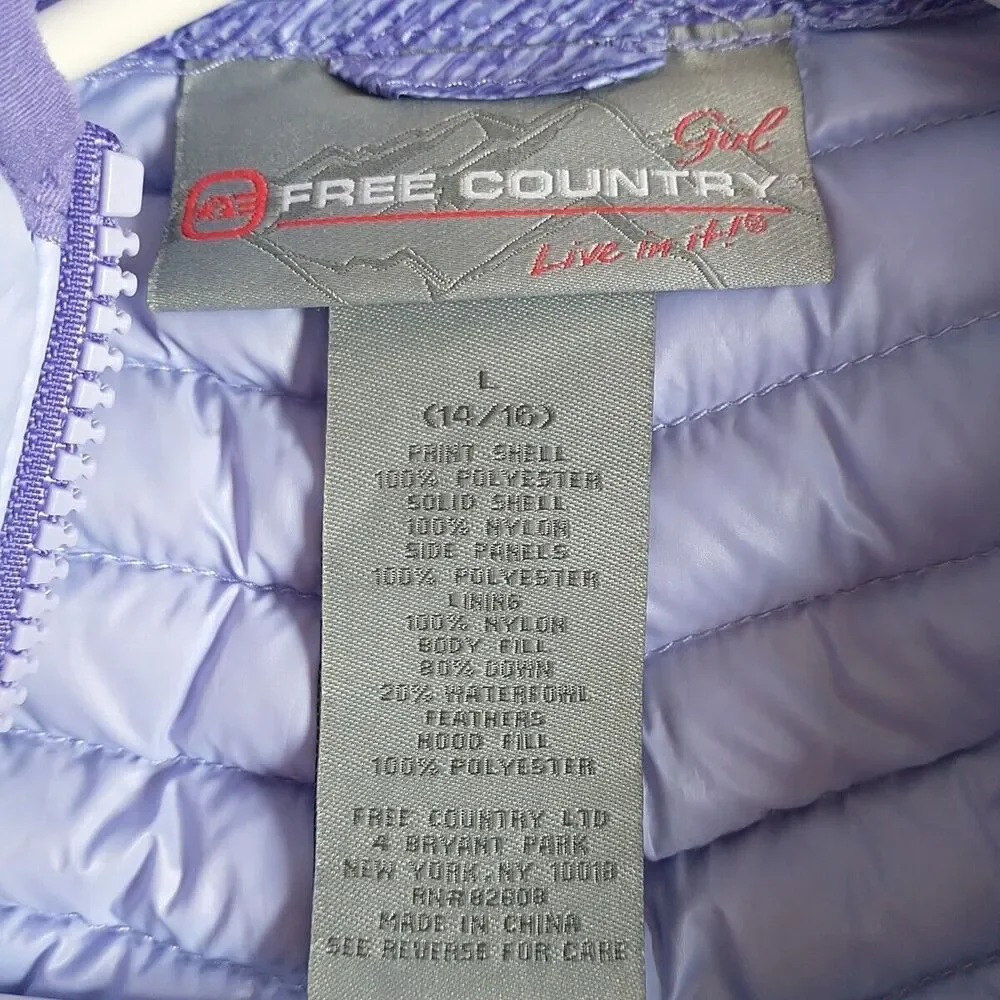 Free Country Puffer Vest Youth Girl L 14-16 Purple Down Full Zip Hooded Quilted